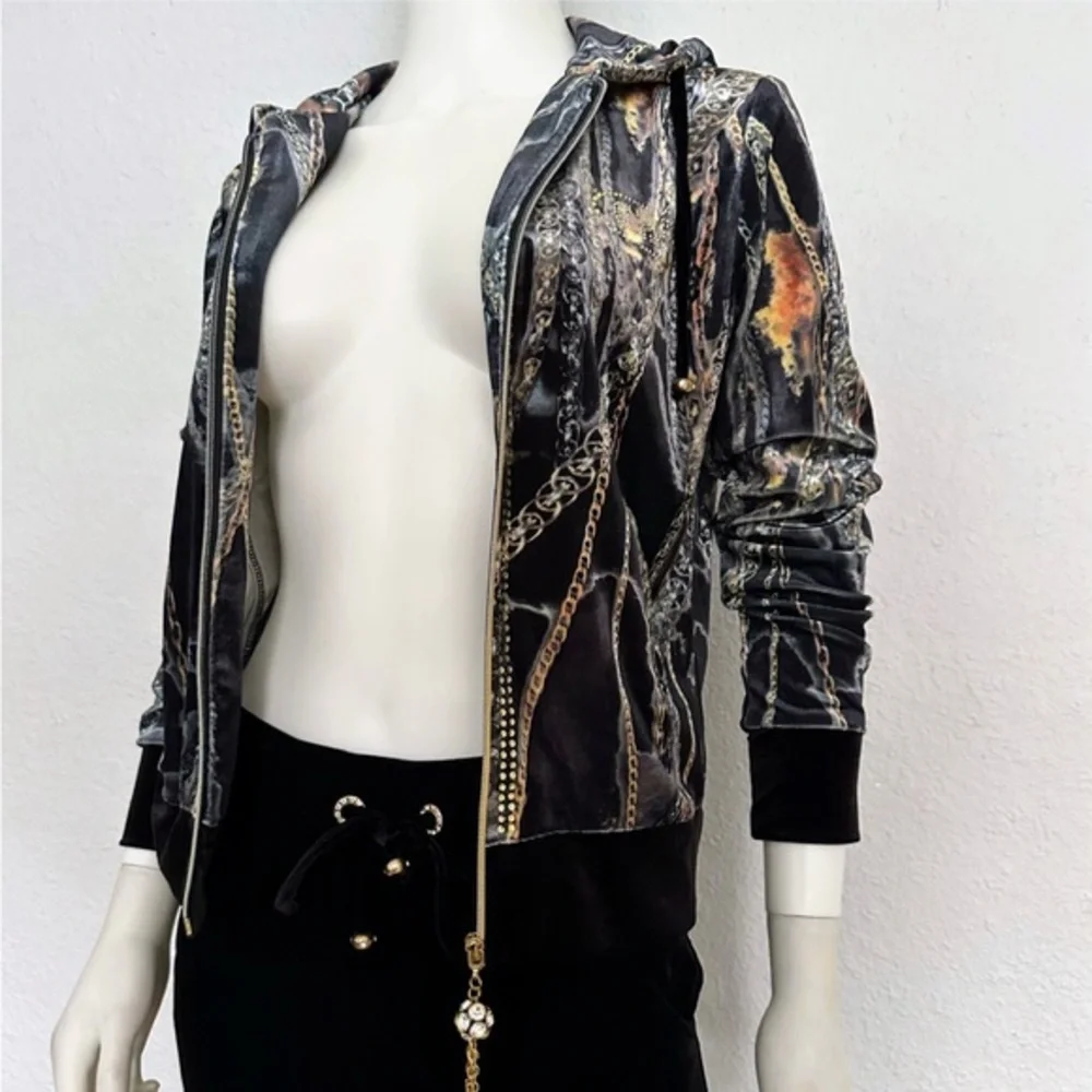 NWT WOMEN VELOUR TRACKSUIT 2 PC SET JACKET/BLACK‎ PANTS HOODED ZIPPED LOUNGEWEAR